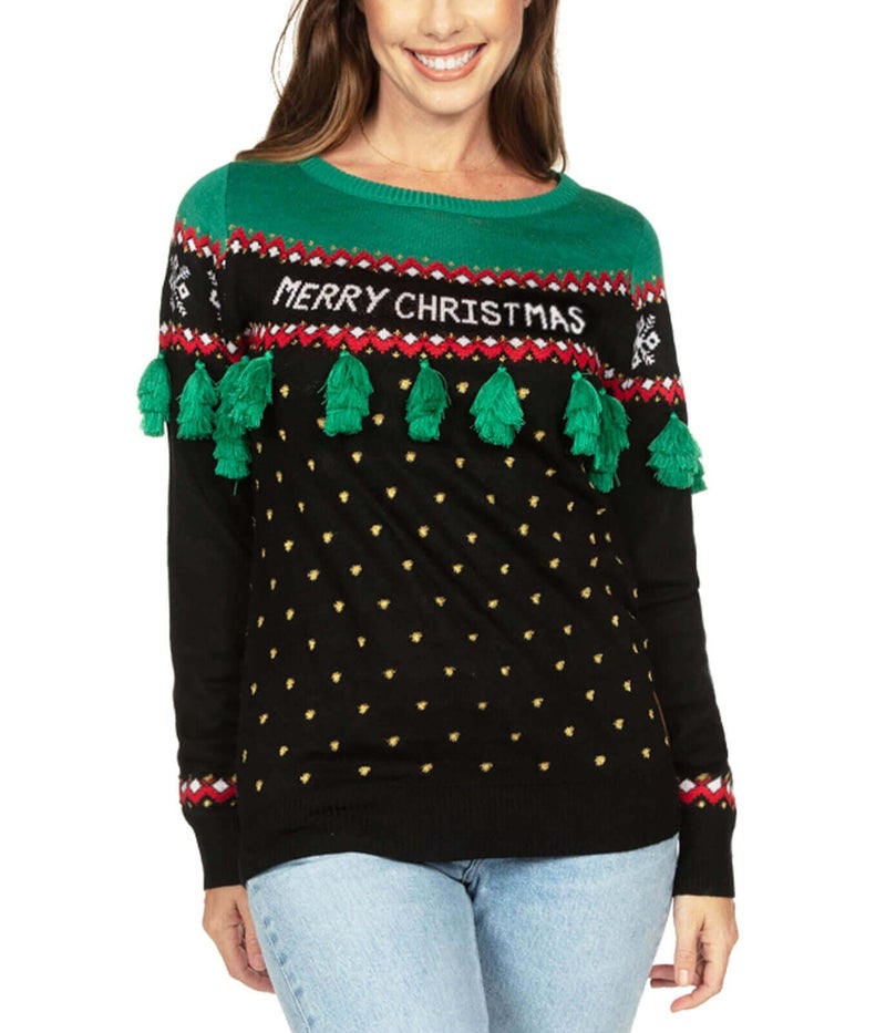 تيبسي إيلف سترة عيد الميلاد القبيحة للسيدات من Tipsy Elves بشرابة شجرة عيد الميلاد باللونين الأسود والأخضر مقاس X صغير - Image 1